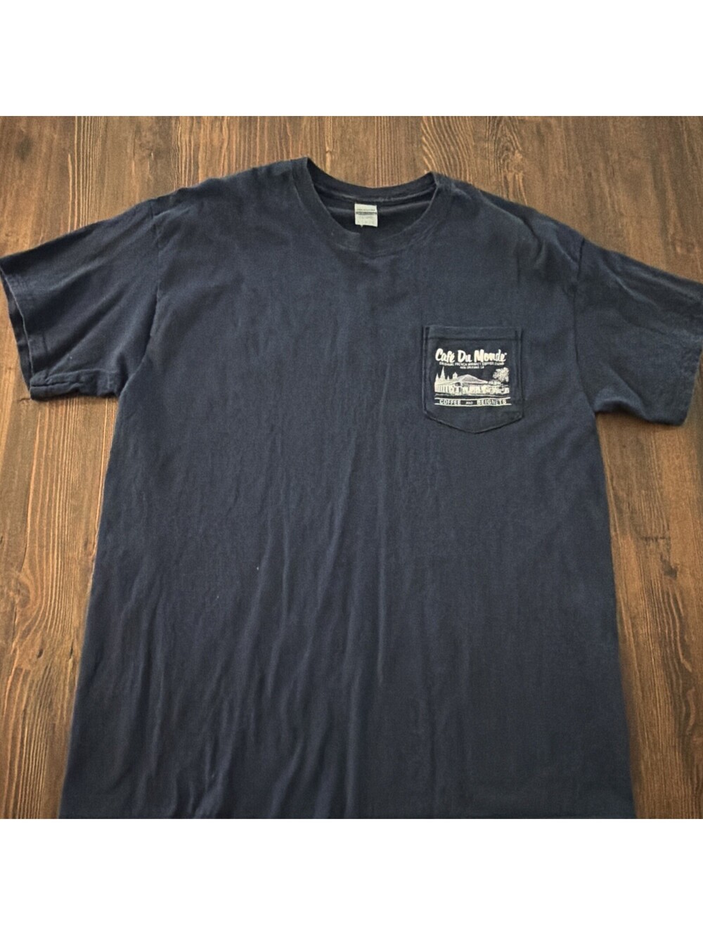 Gildan Cafe Du Monde Coffee Graphic Tee Men’s L Blue Cotton Crew Neck